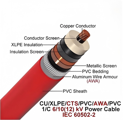 6/10kv Одноместное медное ядро Алюминиевая проволока Бронированный кабель CU/XLPE/CTS/PVCAWA/PVC 1x630mm2 IEC60502-2